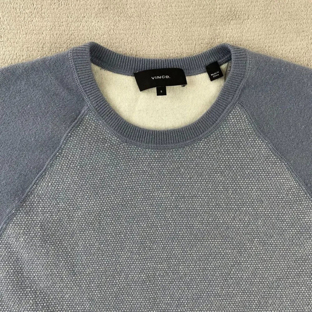 VINCE Birdseye Crewneck Sweater Men Small Blue Wool Cashmere‎ Blend Designer LS